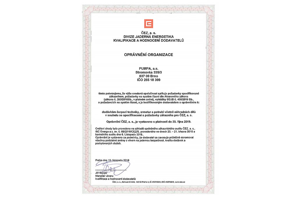 Certifikát pro společnost PUMPA a,s.